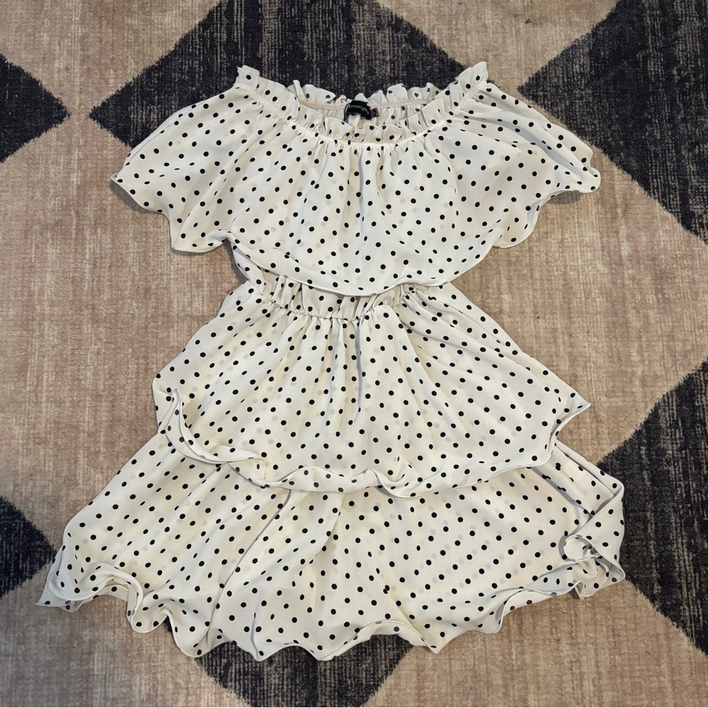 PrettyLittleThing White and Black Polka Dot Scalloped Edged Dress